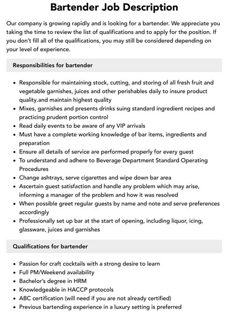 BARTENDER Job Details .